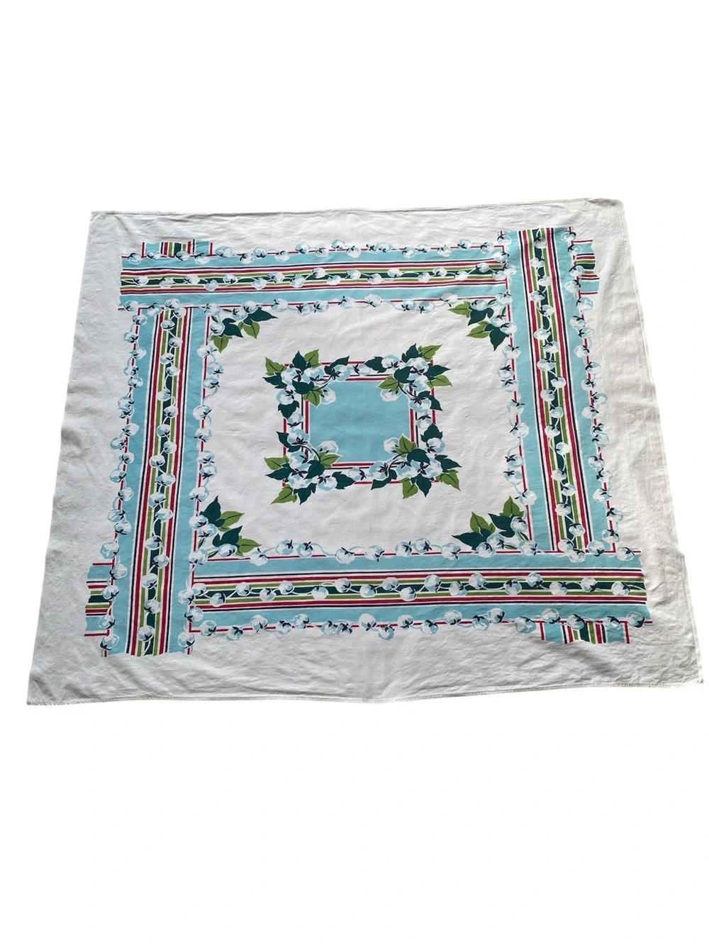 VINTAGE 1940s/50s Cotton Tablecloth - Blue Floral Border approx 47x52 - Picture 7 of 8